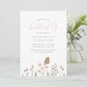 Invitation Baby shower rose floral papillon fille (Debout devant)