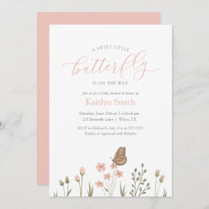 Invitation Baby shower rose floral papillon fille
