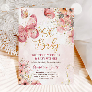 Invitation Baby shower rose floral papillon fille