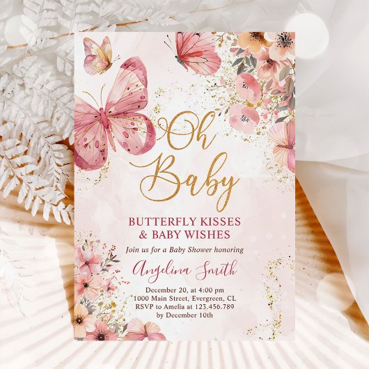 Invitation Baby shower rose floral papillon fille