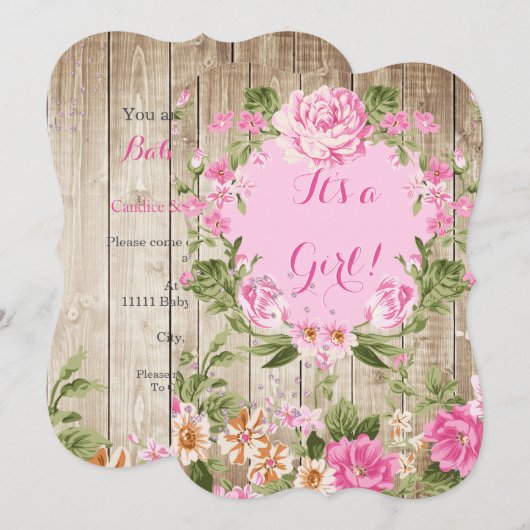 Invitation Baby shower Rose Floral Rustique Bois Girl (Devant / Derrière)