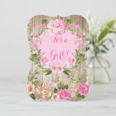 Invitation Baby shower Rose Floral Rustique Bois Girl (Debout devant)