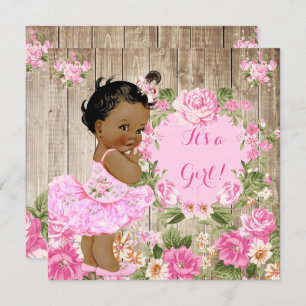 Invitation Baby shower Rose Floral Rustique Bois Girl Ethniqu
