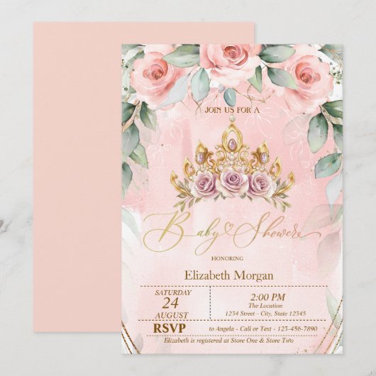 Invitation Baby shower Rose Floral Tiara (Devant / Derrière)