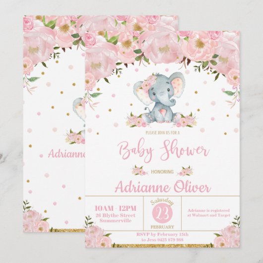 Invitation Baby shower rose floral Whimsical Elephant Girl (Devant / Derrière)