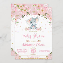 Invitation Baby shower rose floral Whimsical Elephant Girl