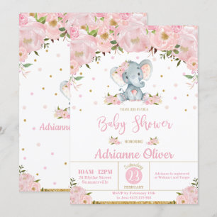 Invitation Baby shower rose floral Whimsical Elephant Girl