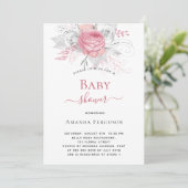 Invitation Baby shower rose floraux élégant argent blanc fill (Debout devant)