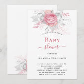 Invitation Baby shower rose floraux élégant argent blanc fill (Devant / Derrière)