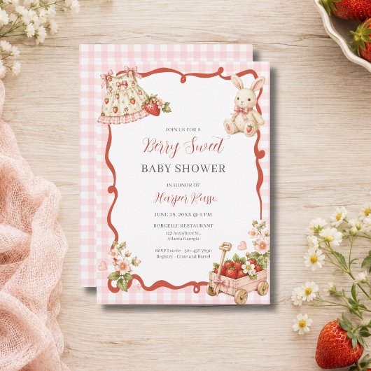 Invitation Baby Shower Rose Gingham Fraise