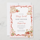Invitation Baby Shower Rose Gingham Fraise (Devant)