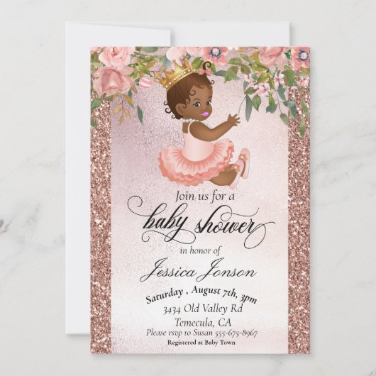 Invitation Baby shower Rose Gold Africain Américain (Devant)