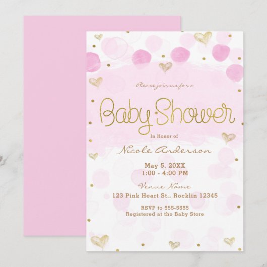 Invitation Baby Shower Rose Gold Blanc Points & Cœurs (Devant / Derrière)