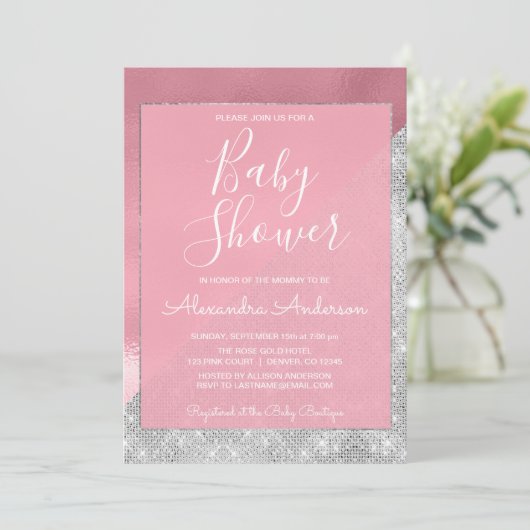 Invitation Baby shower rose Gold et Silver Girl (Debout devant)