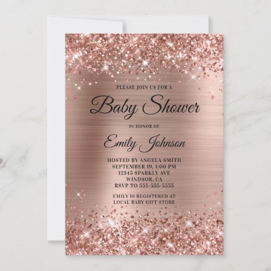 Invitation Baby shower Rose Gold Glittery Foil Fancy Script (Devant)