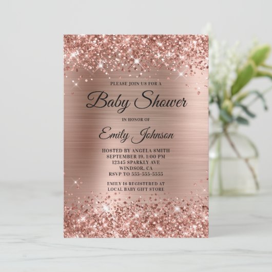 Invitation Baby shower Rose Gold Glittery Foil Fancy Script (Debout devant)
