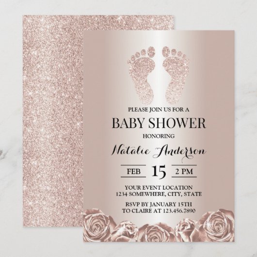 Invitation Baby shower Rose Gold Pieds bébé Floral moderne (Devant / Derrière)