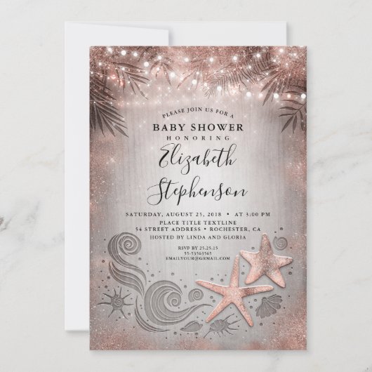 Invitation Baby shower rose Gold Starfish Beach Lights (Devant)
