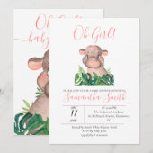 Invitation Baby shower rose Hippo Jungle Aquarelle (Devant / Derrière)