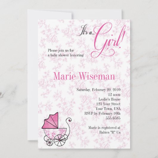 Invitation Baby shower rose Invitationas de landau (Devant)