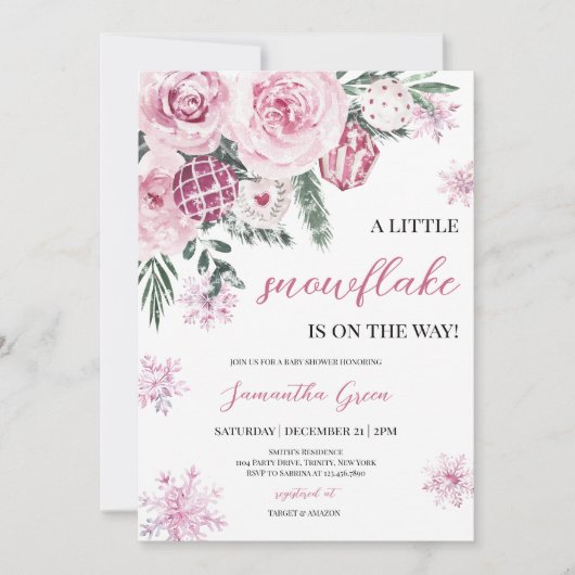 Invitation Baby shower rose Little Snowflake (Devant)