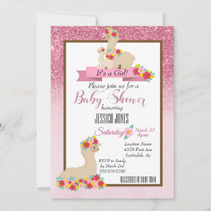 Invitation Baby shower rose Llama Mama Fleur Étincelle Invita