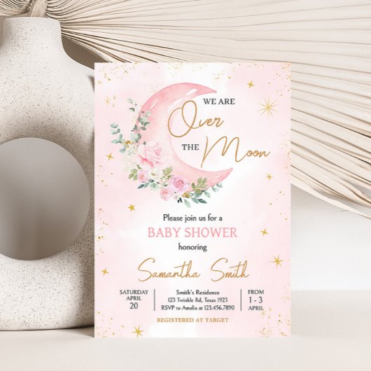 Invitation Baby shower rose lune et étoiles