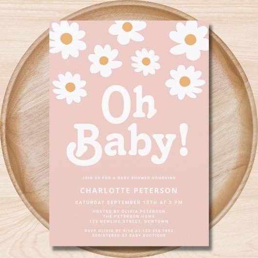 Invitation Baby shower rose marguerite rétro