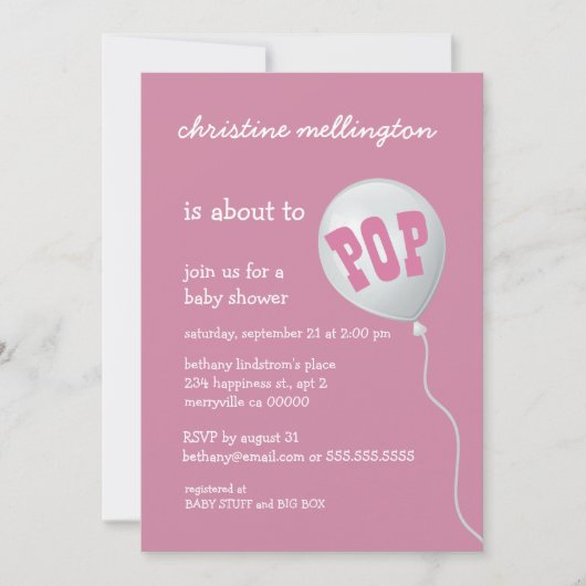 Invitation Baby shower rose mignon avec le ballon pour la (Devant)