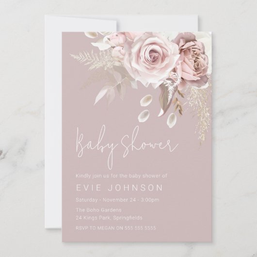 Invitation Baby shower Rose moderne Boho Dusty (Devant)