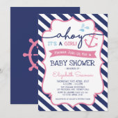 Invitation Baby shower rose Nautique fille Ahoy (Devant / Derrière)