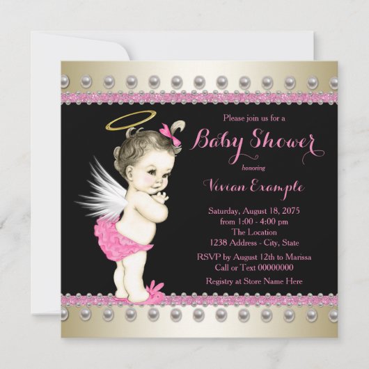 Invitation Baby shower rose noir et or Angel (Devant)