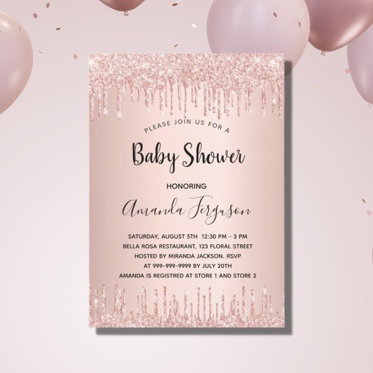 Invitation Baby shower rose or parties scintillant gouttes fi