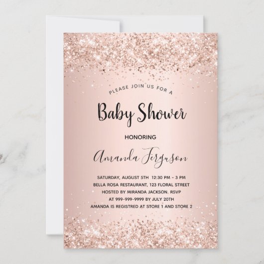 Invitation Baby shower rose or parties scintillant rousse fil (Devant)