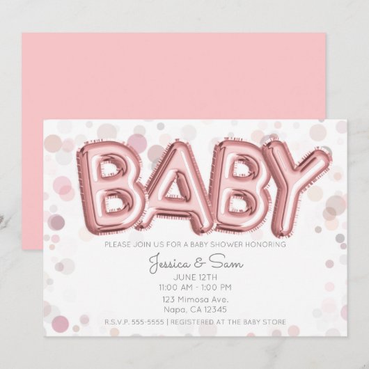 Invitation Baby shower Rose or rose Ballons Moderne Chic (Devant / Derrière)