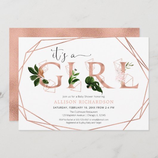 Invitation baby shower rose or verdure fille moderne  (Devant / Derrière)