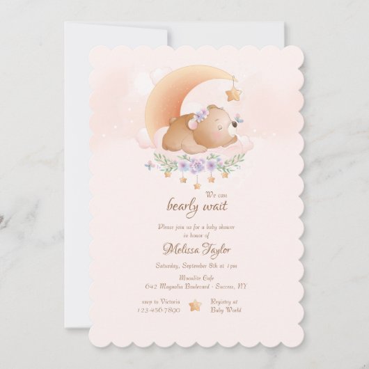 Invitation Baby shower rose ours bébé (Devant)