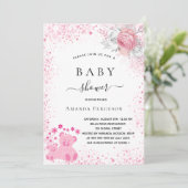 Invitation Baby shower rose ours en peluche fille parties sci (Debout devant)