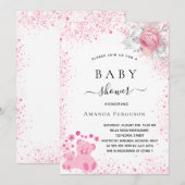 Invitation Baby shower rose ours en peluche fille parties sci (Devant / Derrière)