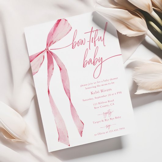 Invitation Baby shower rose pâle à l'aquarelle Bowtiful