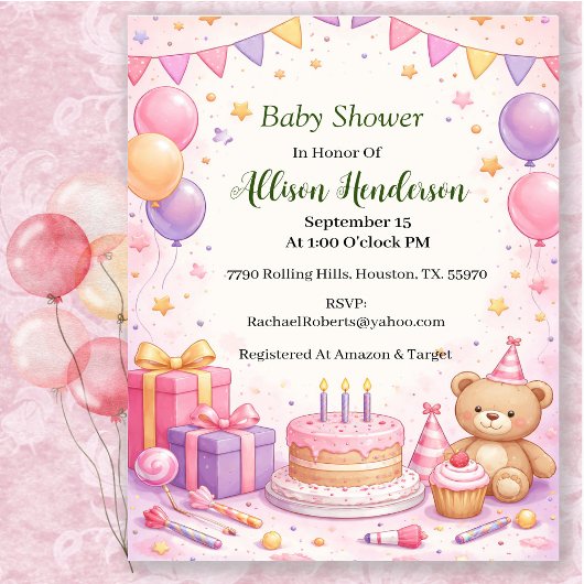 Invitation Baby Shower Rose Pâle Douce