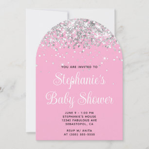Invitation Baby Shower Rose Pâle Pailleté Argent