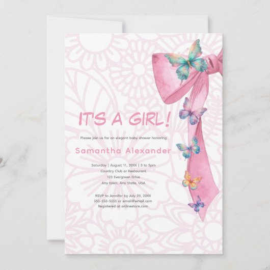 Invitation baby shower rose papillon (Devant)
