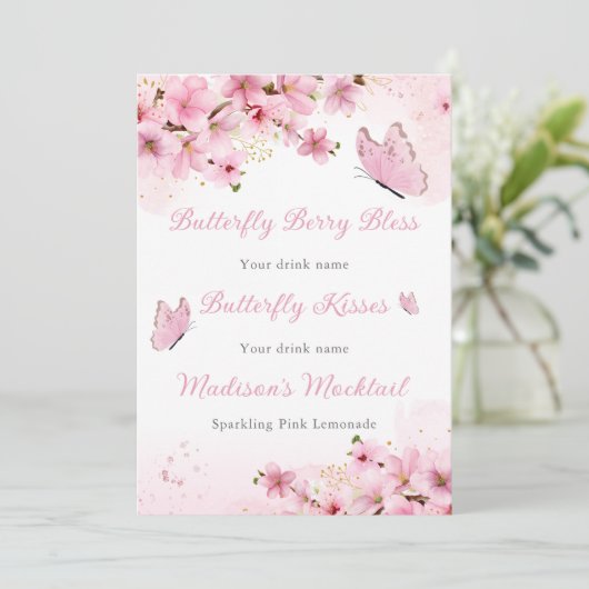 Invitation Baby shower rose papillon (Debout devant)