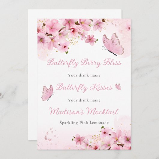 Invitation Baby shower rose papillon (Devant / Derrière)