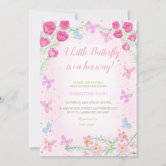 Invitation Baby shower rose papillon (Devant)