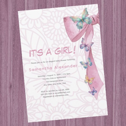 Invitation baby shower rose papillon