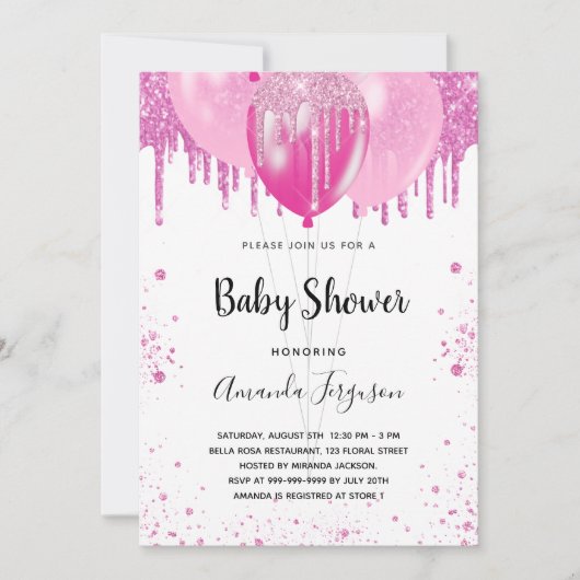 Invitation Baby shower rose parties scintillant fille ballons (Devant)
