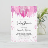 Invitation Baby shower rose parties scintillant fille ballons (Debout devant)
