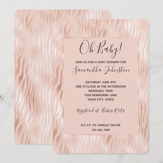 Invitation Baby Shower Rose Pêche Zèbre Rose (Devant / Derrière)